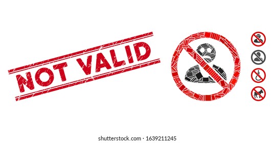 Mosaic no sad person icon and red Not Valid watermark between double parallel lines. Flat vector no sad person mosaic icon of random rotated rectangle elements.