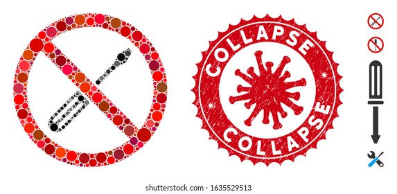 Mosaic no screwdriver tuning icon and red rounded distressed stamp seal with Collapse phrase and coronavirus symbol.
