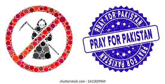 Mosaic no scytheman icon and corroded stamp seal with Pray for Pakistan text. Mosaic vector is formed from no scytheman icon and with randomized spheric items. Pray for Pakistan seal uses blue color,