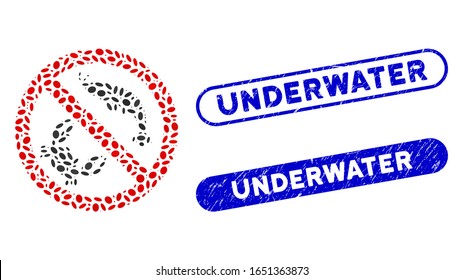 Mosaic no seafood and corroded stamp watermarks with Underwater caption. Mosaic vector no seafood is composed with scattered ellipse dots. Underwater stamp seals use blue color,