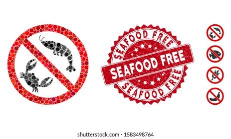 Mosaic no seafood icon and rubber stamp seal with Seafood Free caption. Mosaic vector is formed with no seafood icon and with scattered spheric elements. Seafood Free stamp seal uses red color,