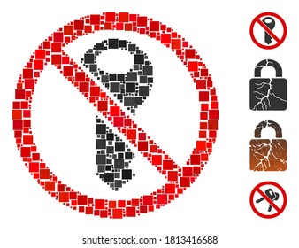 Mosaic No secret key icon designed from square items in various sizes and color hues. Vector square items are united into abstract mosaic no secret key icon. Bonus icons are placed.