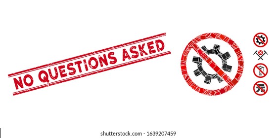Mosaic no service gear icon and red No Questions Asked seal between double parallel lines. Flat vector no service gear mosaic icon of scattered rotated rectangular elements.