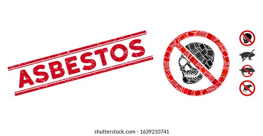 Mosaic no skeleton skull icon and red Asbestos stamp between double parallel lines. Flat vector no skeleton skull mosaic icon of randomized rotated rectangular items.