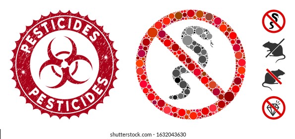 Mosaic no snake icon and corroded stamp seal with Pesticides text and biohazard symbol. Mosaic vector is formed with no snake pictogram and with scattered round spots.