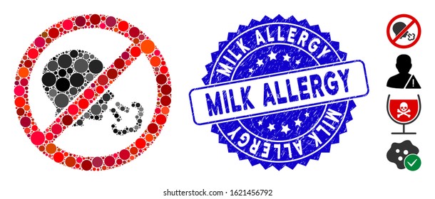 Mosaic no sneeze icon and grunge stamp seal with Milk Allergy caption. Mosaic vector is created with no sneeze icon and with scattered round spots. Milk Allergy seal uses blue color,