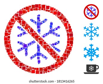 Mosaik Kein Schneeflocken Symbol bestehend aus quadratischen Elementen in zufälligen Größen und Farbtönen. Vektorquadratische Elemente werden zu abstraktem Mosaik ohne Schneeflocken kombiniert. Bonuspiktogramme werden hinzugefügt.