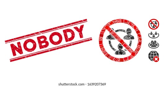 Mosaic no social networks icon and red Nobody seal stamp between double parallel lines. Flat vector no social networks mosaic icon of random rotated rectangle items.