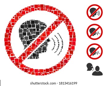 Mosaic No speaking icon organized from square items in different sizes and color hues. Vector square items are combined into abstract mosaic no speaking icon. Bonus pictograms are added.