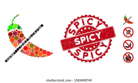 Mosaic no spice icon and distressed stamp seal with Spicy text. Mosaic vector is composed from no spice icon and with random round spots. Spicy stamp seal uses red color, and rubber texture.