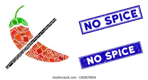 Mosaic no spice pictogram and rectangular No Spice rubber prints. Flat vector no spice mosaic pictogram of random rotated rectangular elements. Blue No Spice seals with grunge textures.
