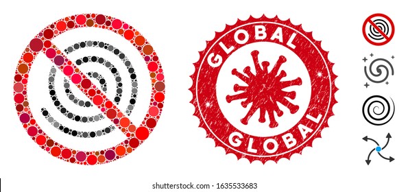 Mosaic no spiral icon and red rounded grunge stamp seal with Global caption and coronavirus symbol. Mosaic vector is composed from no spiral icon and with random circle elements.