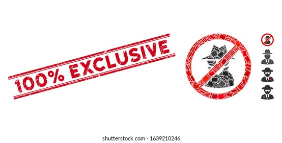 Mosaic no spy icon and red 100% Exclusive seal stamp between double parallel lines. Flat vector no spy mosaic icon of scattered rotated rectangle elements.