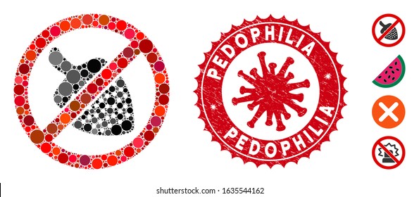 Mosaic no strawberry icon and red round grunge stamp watermark with Pedophilia caption and coronavirus symbol. Mosaic vector is formed with no strawberry icon and with scattered round items.