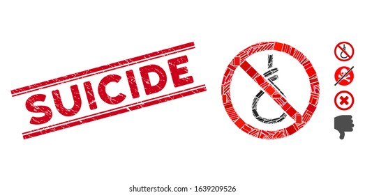 Mosaic no suicide loop pictogram and red Suicide seal between double parallel lines. Flat vector no suicide loop mosaic pictogram of random rotated rectangular items.