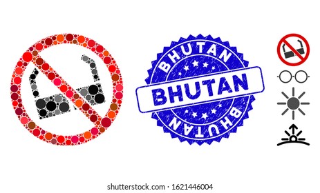 Mosaic no sun glasses icon and grunge stamp seal with Bhutan phrase. Mosaic vector is created from no sun glasses icon and with random circle spots. Bhutan stamp seal uses blue color,