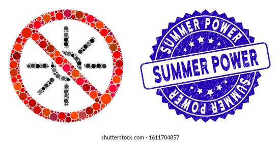 Mosaic no sun light icon and distressed stamp seal with Summer Power text. Mosaic vector is designed with no sun light icon and with random spheric spots. Summer Power stamp seal uses blue color,