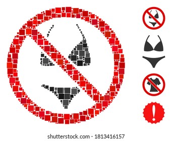 Mosaic No swimsuit icon composed of square items in variable sizes and color hues. Vector square items are composed into abstract mosaic no swimsuit icon. Bonus pictograms are placed.