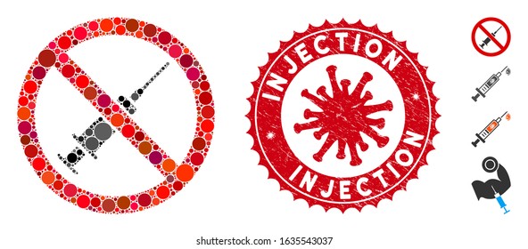 Mosaic no syringe icon and red rounded rubber stamp seal with Injection phrase and coronavirus symbol. Mosaic vector is composed with no syringe icon and with scattered spheric spots.