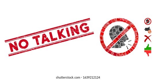 Mosaic no talking icon and red No Talking rubber print between double parallel lines. Flat vector no talking mosaic icon of scattered rotated rectangle elements.