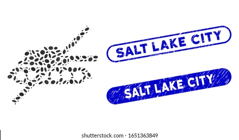 Mosaic no tank and rubber stamp watermarks with Salt Lake City text. Mosaic vector no tank is formed with randomized ellipse spots. Salt Lake City stamp seals use blue color,