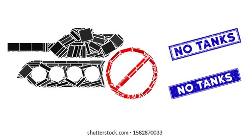 Mosaic no tanks pictogram and rectangular No Tanks seal stamps. Flat vector no tanks mosaic pictogram of scattered rotated rectangle elements. Blue No Tanks rubber stamps with distress textures.