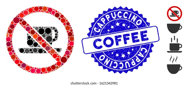 Mosaic no tea cup icon and grunge stamp seal with Cappuccino Coffee phrase. Mosaic vector is formed with no tea cup icon and with random spheric spots. Cappuccino Coffee stamp seal uses blue color,