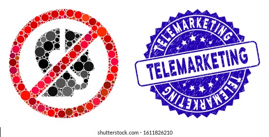 Mosaic no telemarketing icon and distressed stamp seal with Telemarketing caption. Mosaic vector is composed with no telemarketing icon and with random spheric spots.