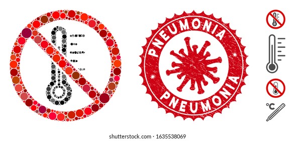 Mosaic no temperature icon and red rounded distressed stamp seal with Pneumonia phrase and coronavirus symbol. Mosaic vector is composed with no temperature icon and with scattered circle items.