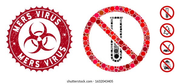 Mosaic no test-tube icon and grunge stamp seal with Mers Virus caption and biohazard symbol. Mosaic vector is composed with no test-tube icon and with randomized round spots.