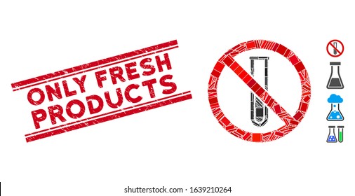 Mosaic no test-tube pictogram and red Only Fresh Products rubber print between double parallel lines. Flat vector no test-tube mosaic pictogram of randomized rotated rectangle items.