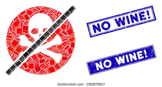 Mosaic no toxins icon and rectangle No Wine! seals. Flat vector no toxins mosaic icon of randomized rotated rectangle elements. Blue No Wine! rubber seals with corroded textures.