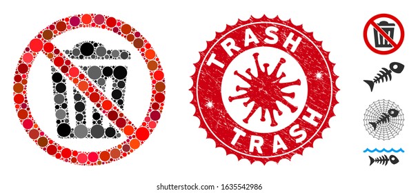 Mosaic no trash can icon and red rounded corroded stamp watermark with Trash phrase and coronavirus symbol. Mosaic vector is designed with no trash can icon and with scattered round items.