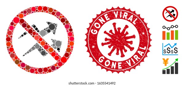 Mosaic no trend arrows icon and red rounded distressed stamp watermark with Gone Viral phrase and coronavirus symbol. Mosaic vector is created with no trend arrows icon and with random circle items.