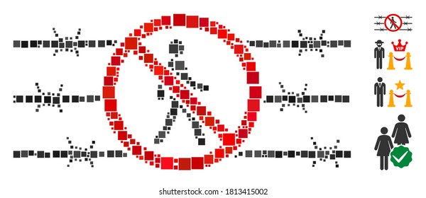 Mosaic No trespassing fence icon constructed from square items in various sizes and color hues. Vector square items are united into abstract illustration no trespassing fence icon.