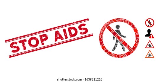 Mosaic no trespassing icon and red Stop AIDS rubber print between double parallel lines. Flat vector no trespassing mosaic icon of randomized rotated rectangle elements.