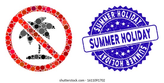 Mosaic no tropic palm icon and rubber stamp seal with Summer Holiday phrase. Mosaic vector is formed with no tropic palm icon and with randomized circle spots.