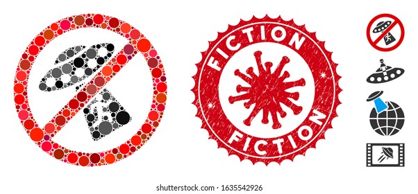 Mosaic no UFO abduction icon and red round distressed stamp watermark with Fiction caption and coronavirus symbol.