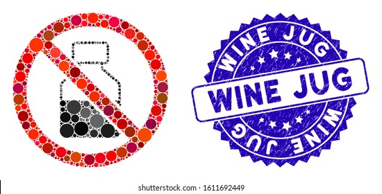 Mosaic no vial icon and rubber stamp seal with Wine Jug text. Mosaic vector is designed with no vial icon and with randomized round elements. Wine Jug seal uses blue color, and scratched texture.