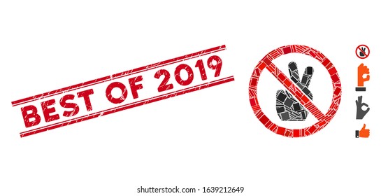 Mosaic no victory gesture icon and red Best of 2019 seal stamp between double parallel lines. Flat vector no victory gesture mosaic icon of random rotated rectangular items.