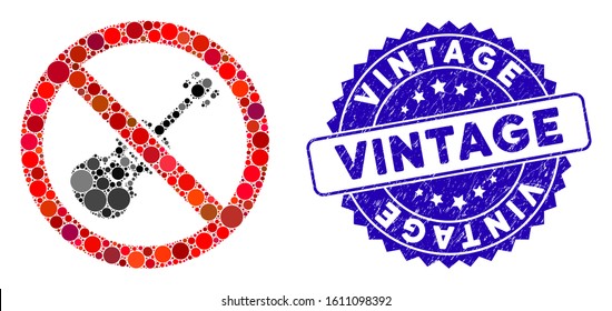 Mosaic no violin icon and rubber stamp watermark with Vintage caption. Mosaic vector is created from no violin icon and with random spheric items. Vintage stamp seal uses blue color,