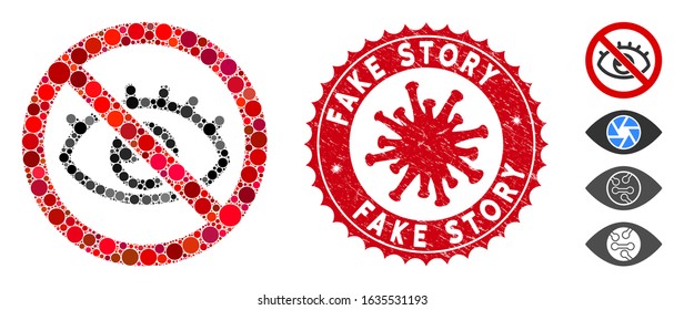 Mosaic no vision icon and red round rubber stamp watermark with Fake Story text and coronavirus symbol. Mosaic vector is composed with no vision icon and with scattered circle elements.
