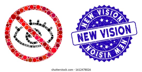 Mosaic no vision icon and rubber stamp seal with New Vision caption. Mosaic vector is designed with no vision icon and with scattered spheric items. New Vision stamp uses blue color,