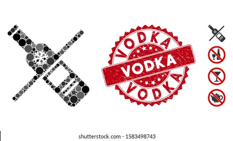 Mosaic no vodka drinking icon and grunge stamp seal with Vodka caption. Mosaic vector is designed with no vodka drinking pictogram and with randomized circle elements. Vodka stamp seal uses red color,