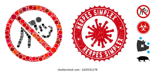 Mosaic no vomit icon and red rounded grunge stamp seal with Herpes Simplex phrase and coronavirus symbol. Mosaic vector is created with no vomit icon and with scattered spheric spots.
