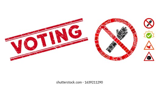 Mosaic no voting pictogram and red Voting rubber print between double parallel lines. Flat vector no voting mosaic pictogram of random rotated rectangular elements.