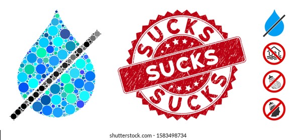 Mosaic no water drop icon and distressed stamp seal with Sucks caption. Mosaic vector is designed with no water drop icon and with randomized circle items. Sucks stamp seal uses red color,