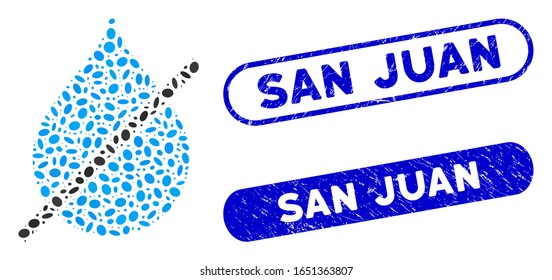 Mosaic no water drop and rubber stamp watermarks with San Juan phrase. Mosaic vector no water drop is composed with scattered oval items. San Juan stamp seals use blue color,
