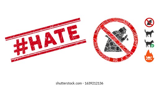 Mosaic no werewolf icon and red #Hate stamp between double parallel lines. Flat vector no werewolf mosaic icon of random rotated rectangle items. Red #Hate stamp with distress surface.
