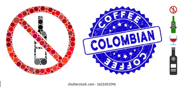 Mosaic no wine bottle icon and corroded stamp seal with Coffee Colombian text. Mosaic vector is formed with no wine bottle icon and with random spheric elements. Coffee Colombian seal uses blue color,